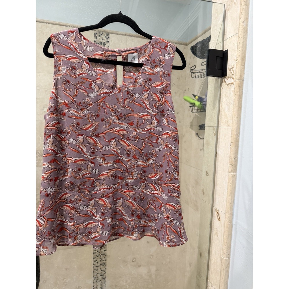 CAbi 3611 Good Luck Bird Print Blouse L Bow Keyhole Back Sleeveless Purple Crane